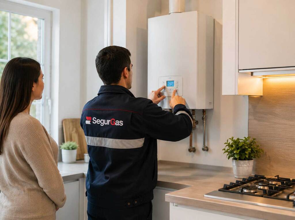 Técnico realizando una instalación de gas y calefacción en una vivienda.