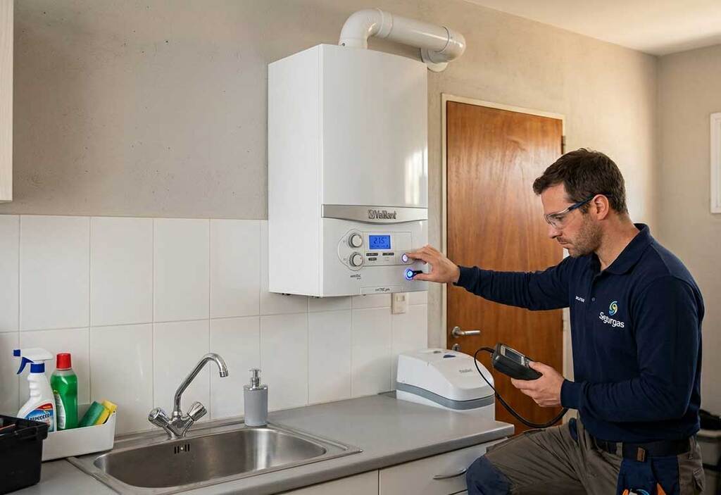 Técnico instalando una caldera de alta eficiencia energética.