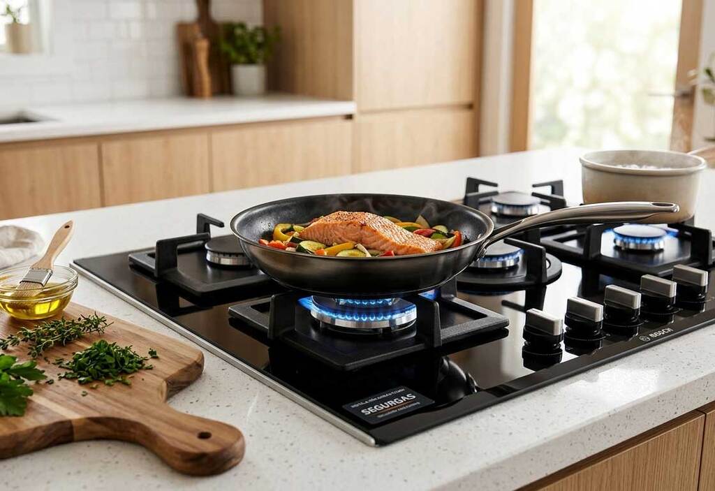 Encimera de gas instalada en una cocina doméstica.