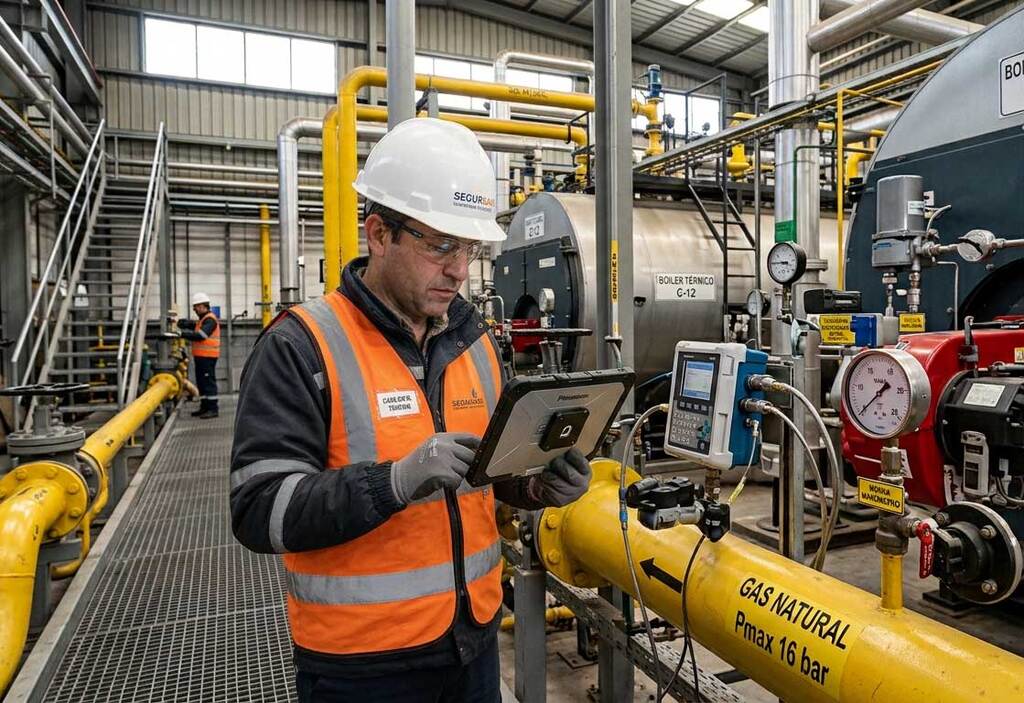 Técnico realizando la verificación de una instalación industrial de gas.